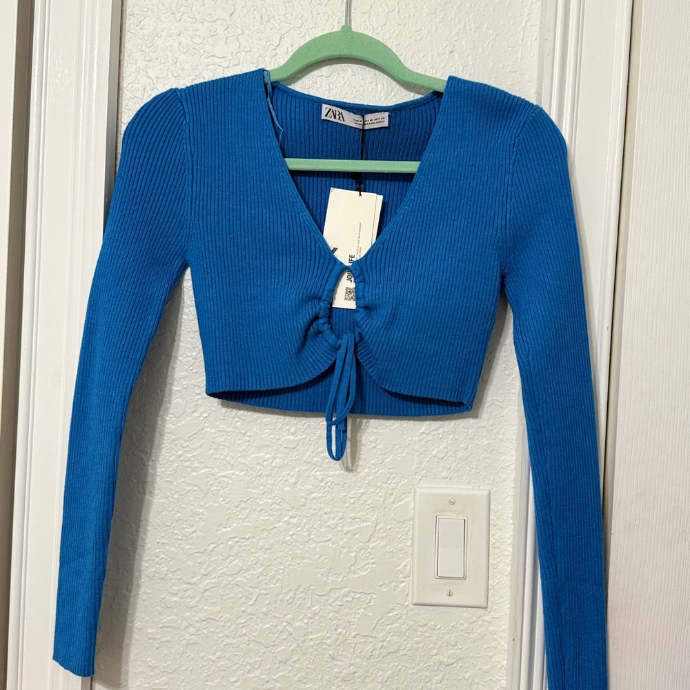 Zara Blue Long Sleeve Tie Front Bodysuit